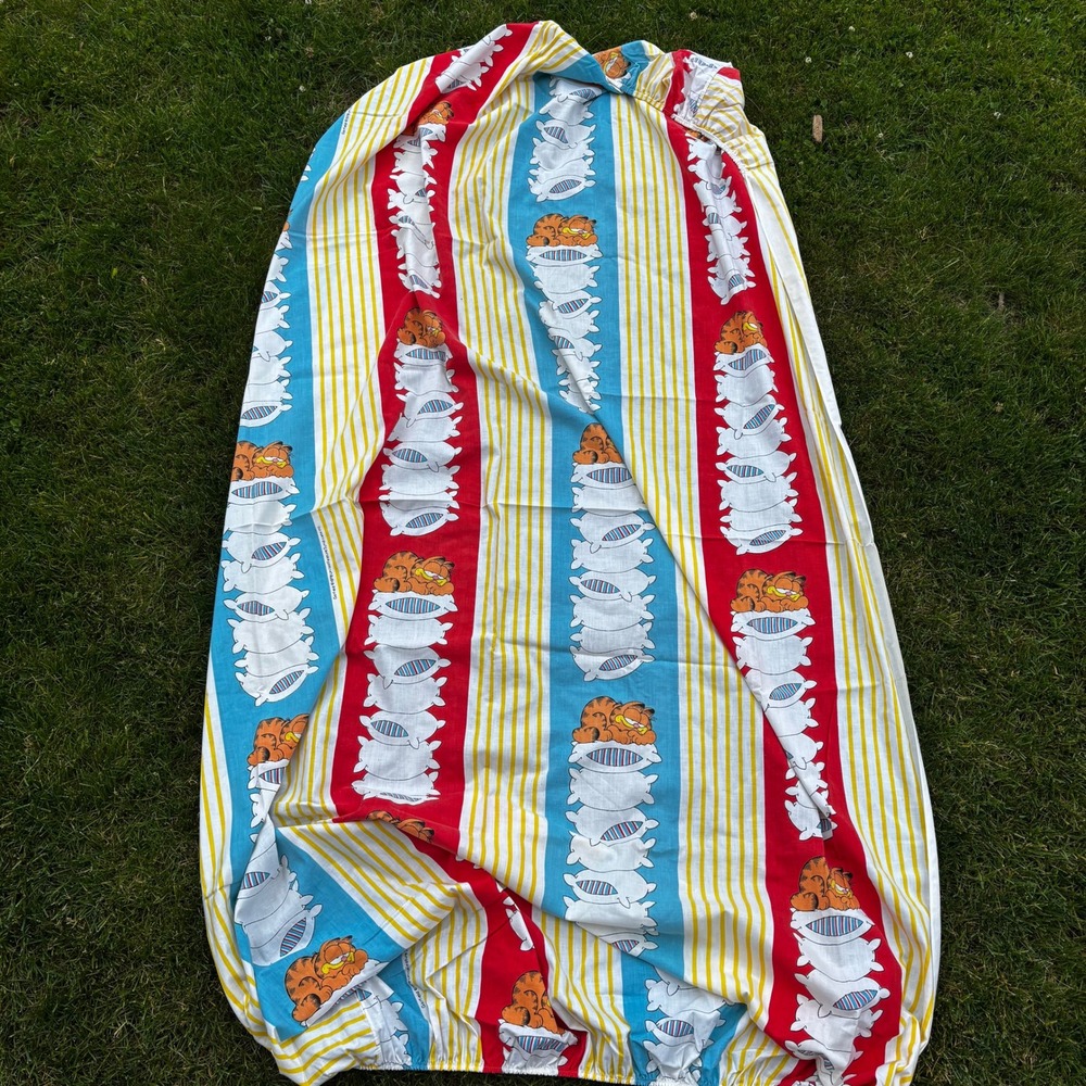 Vintage 1978 Garfield Twin Fitted Sheet Wabasso Striped Sleeping Retro